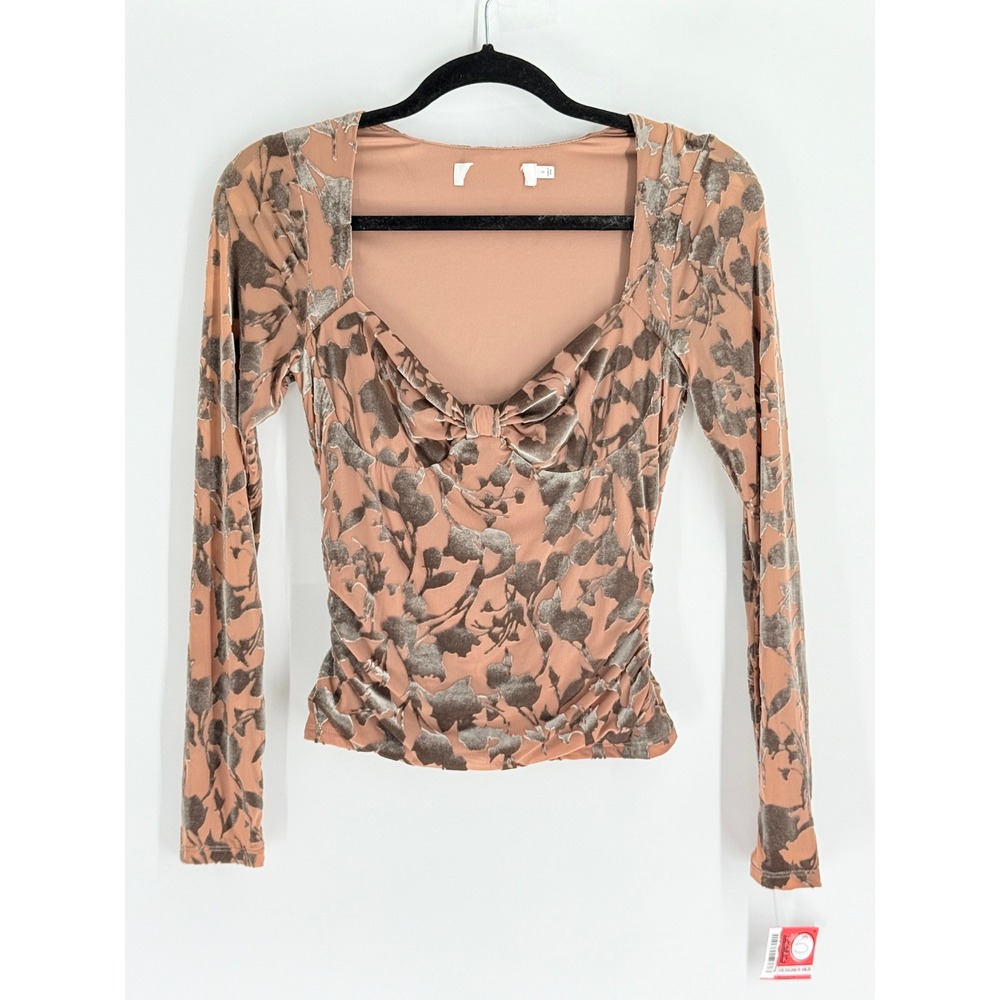 Free People‎ Tan Burnout Velvet Coquette Floral Ruched Sweetheart Top Small Boho